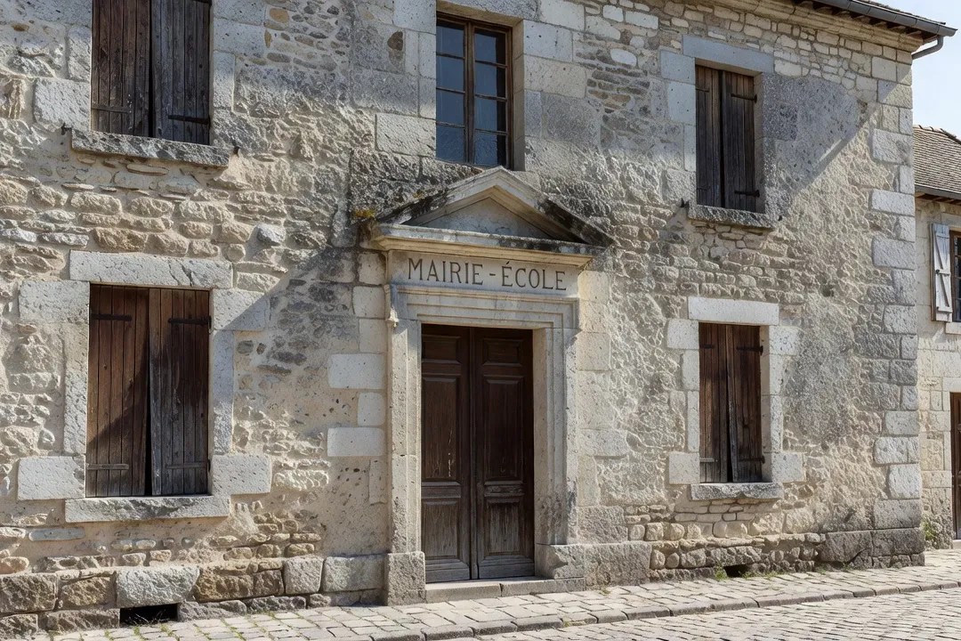 Ancienne mairie-école de village briard en pierre, façade avec fronton et cour d'école