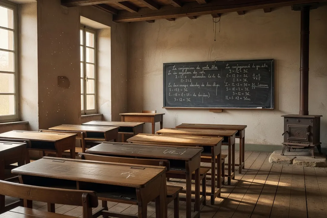 Salle de classe unique d'école rurale ancienne avec pupitres en bois et tableau noir