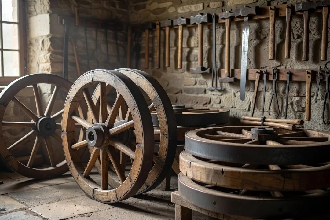 Atelier de charron briard avec roues en bois et outils traditionnels