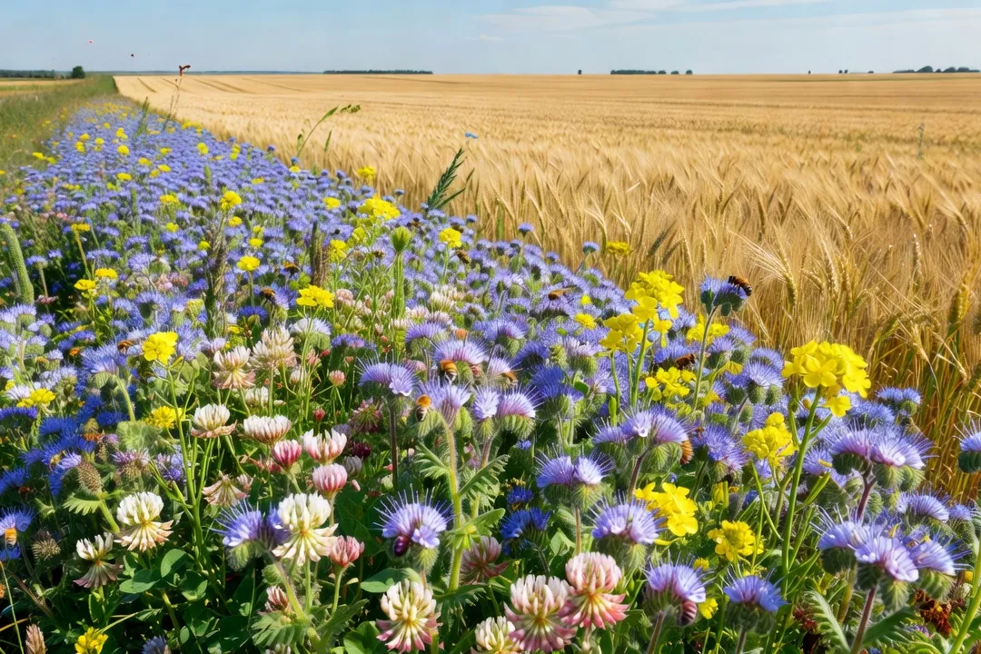 Bande fleurie en bordure d'un champ de céréales favorisant les pollinisateurs en Brie