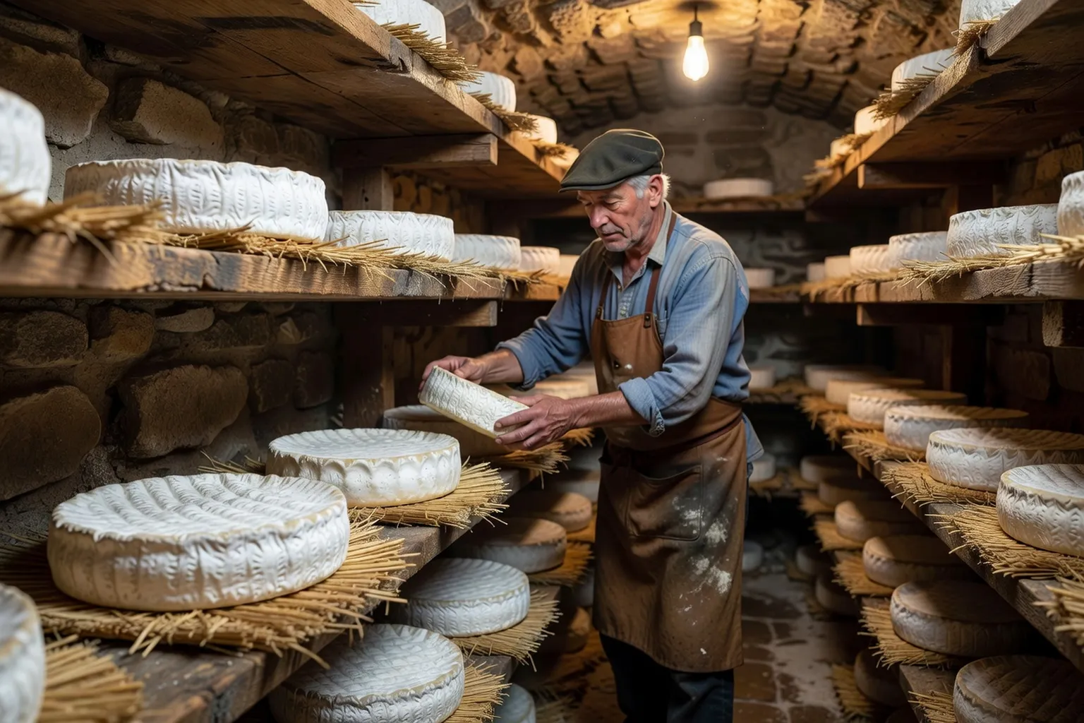 Affinage du Brie de Meaux en cave traditionnelle