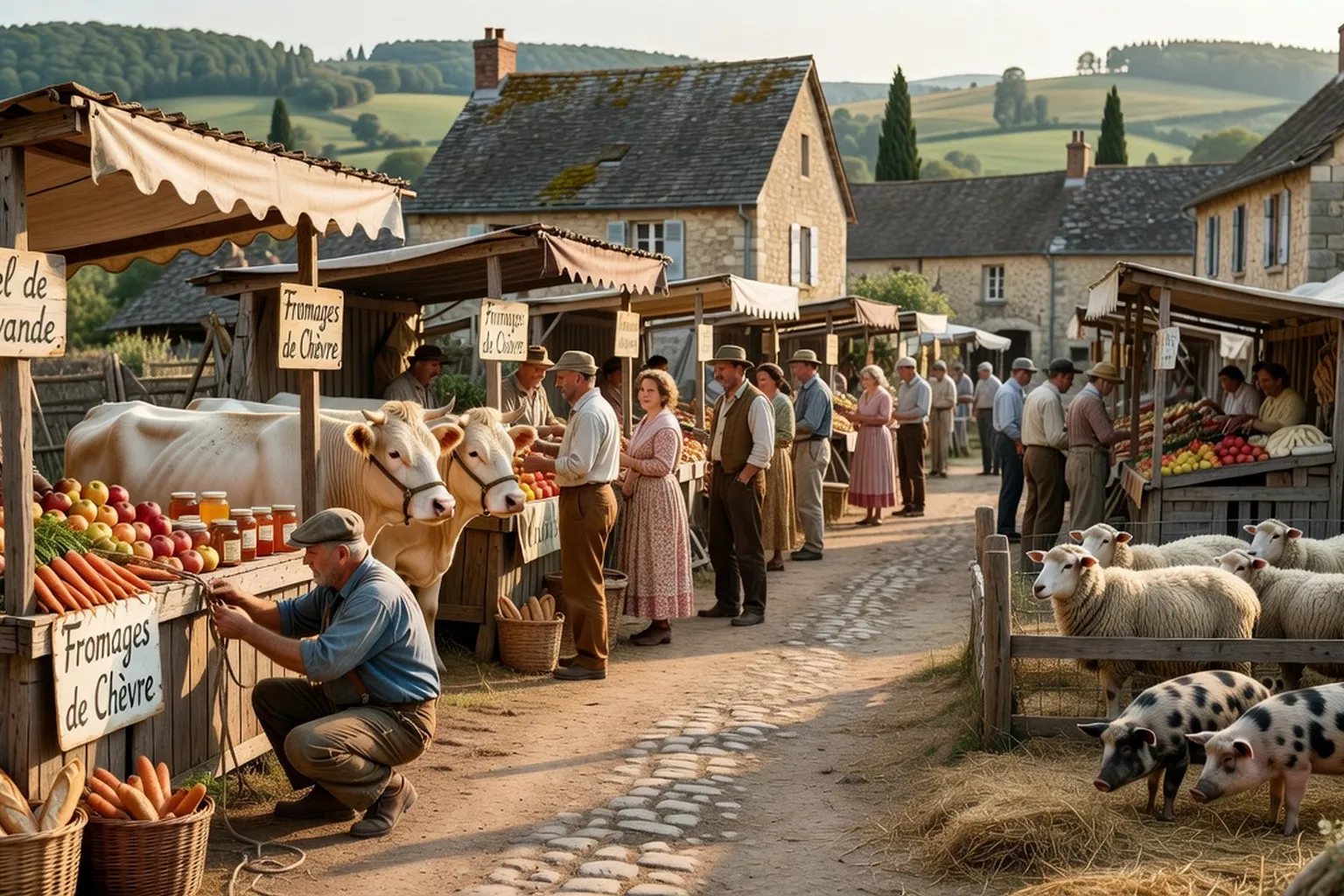 Foire agricole traditionnelle en Brie avec étals et animaux