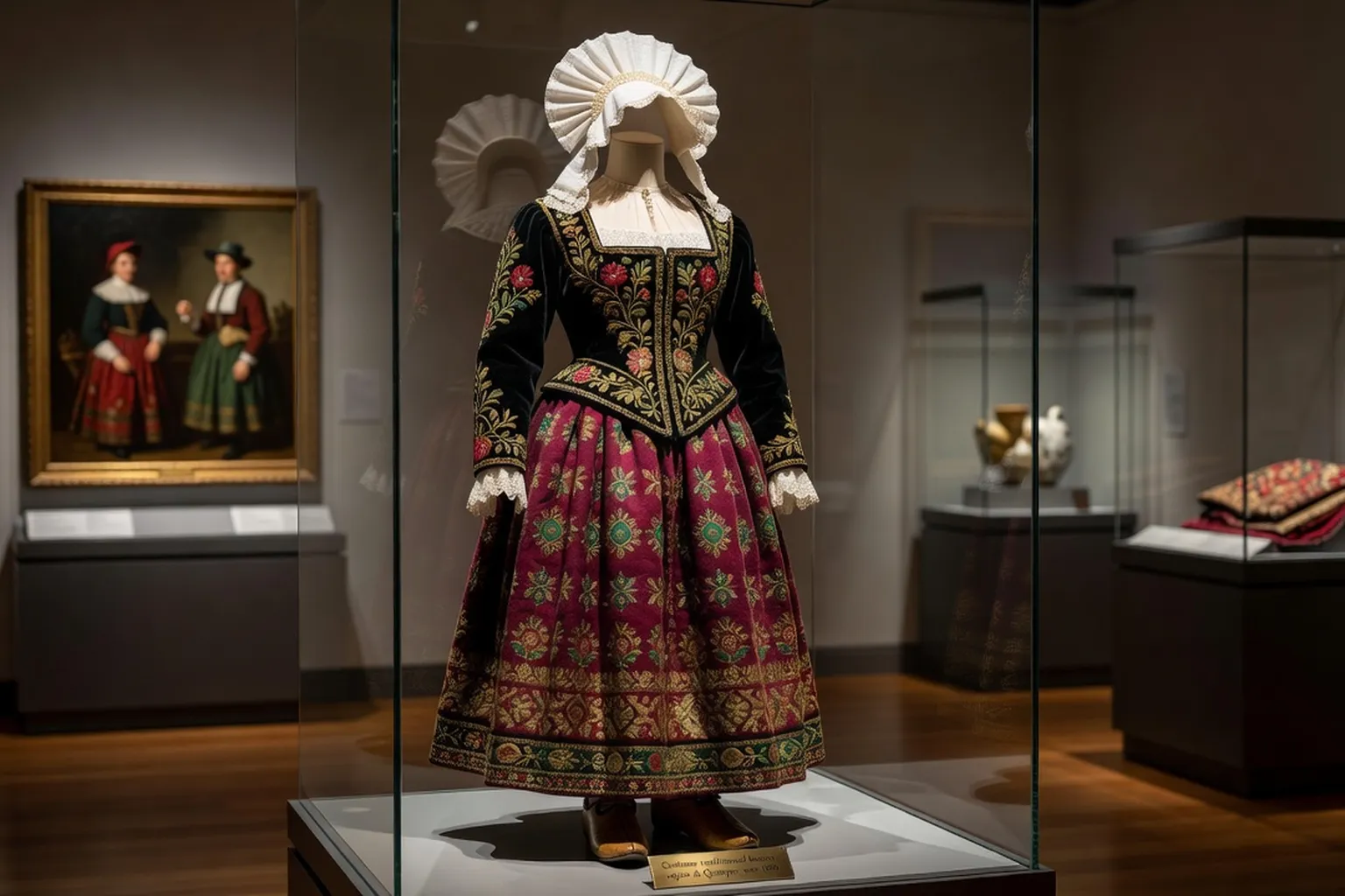 Costume folklorique briard complet exposé avec tissus et broderies