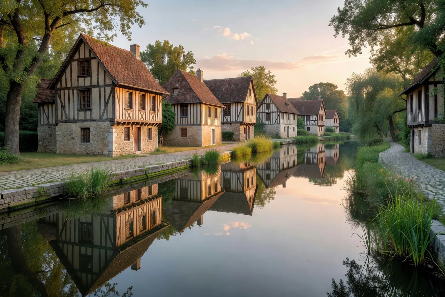 Bourg médiéval briard typique avec maisons à pans de bois et cours d'eau