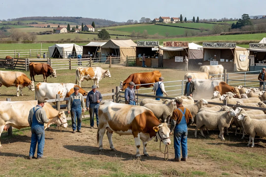 Champ de foire traditionnel avec bétail rassemblé en Seine-et-Marne