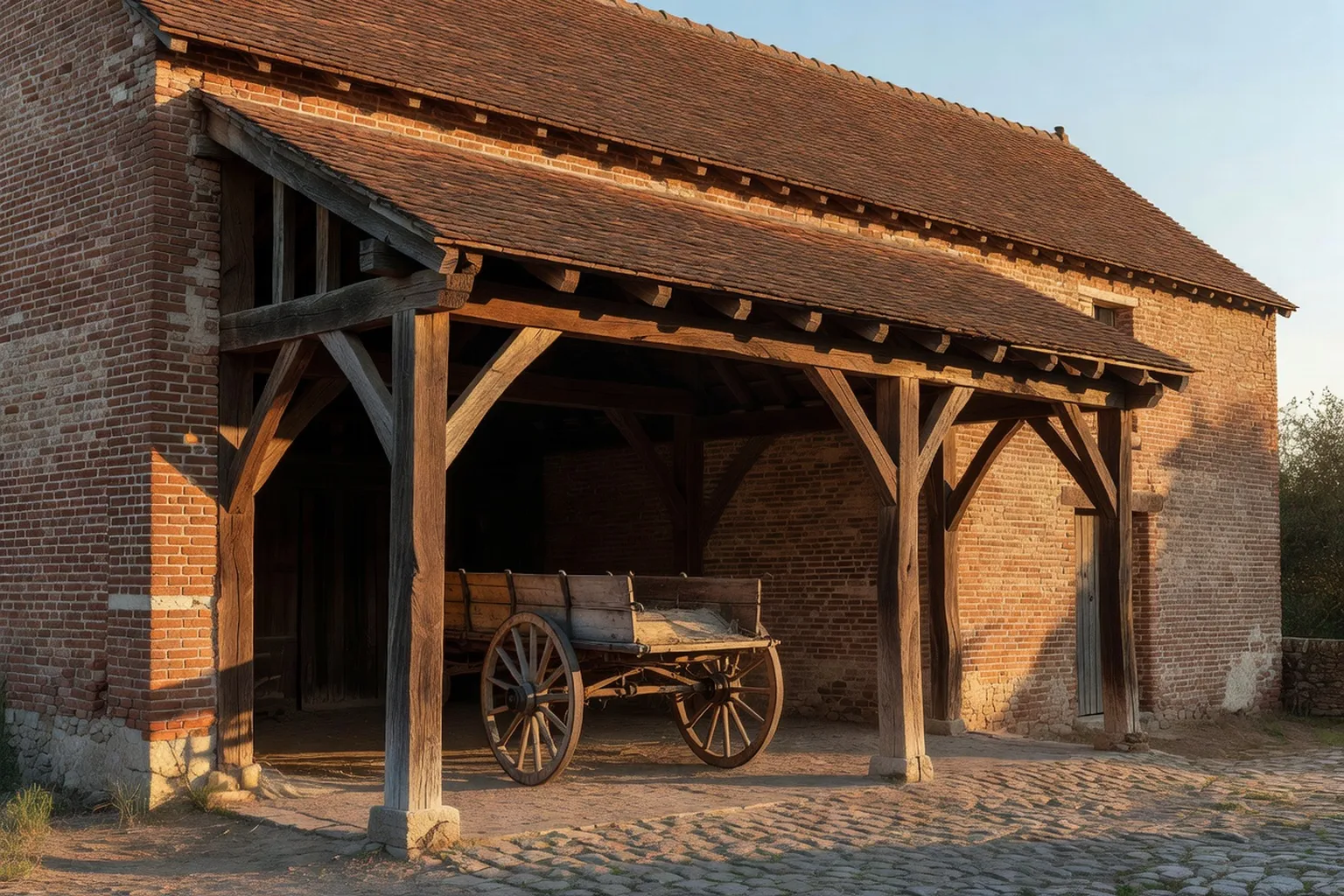 Grange-porche traditionnelle d'une ferme briarde avec portail charretier