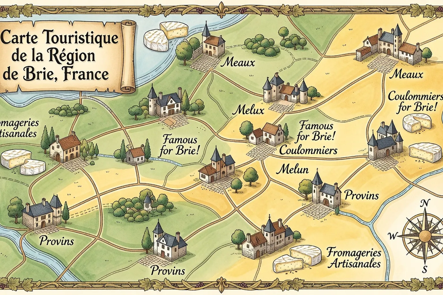 Carte touristique stylisée de la Brie avec villages et routes