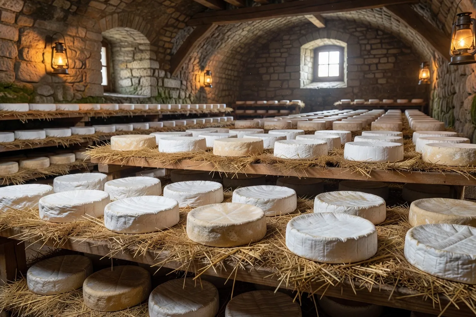Meules de brie en affinage sur claies de paille dans une cave