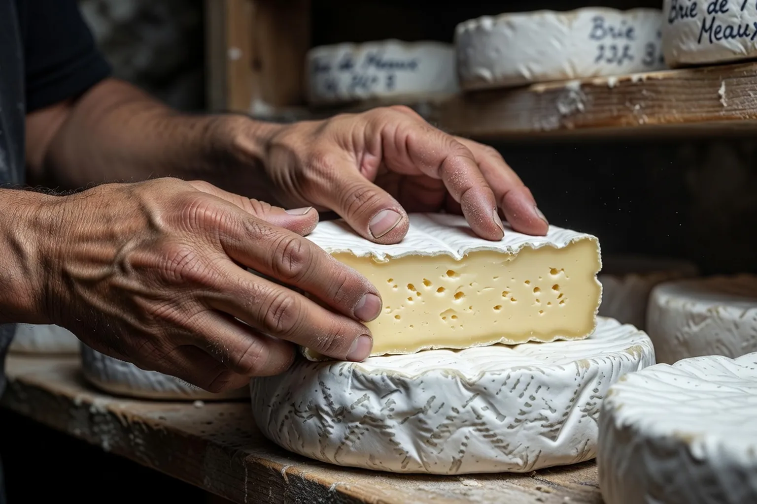 Mains d'artisan retournant une meule de brie en cave d'affinage