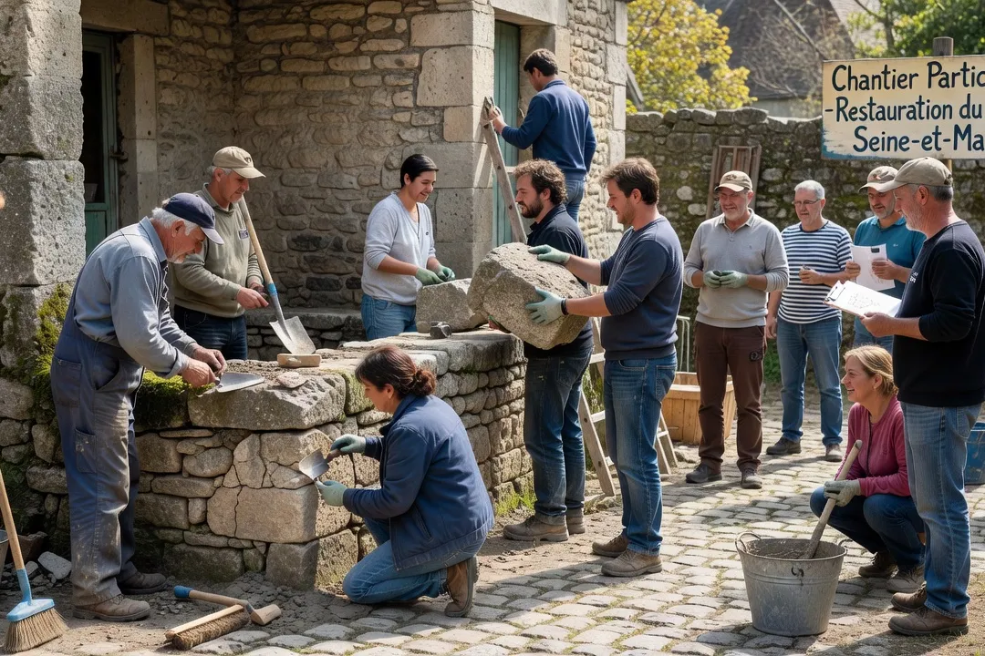 Bénévoles restaurant un lavoir en pierre lors d'un chantier participatif en Seine-et-Marne