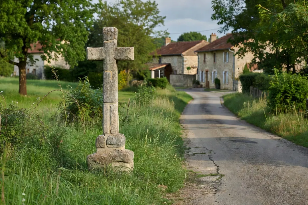 Calvaire en pierre restauré par des bénévoles associatifs dans un village de Seine-et-Marne