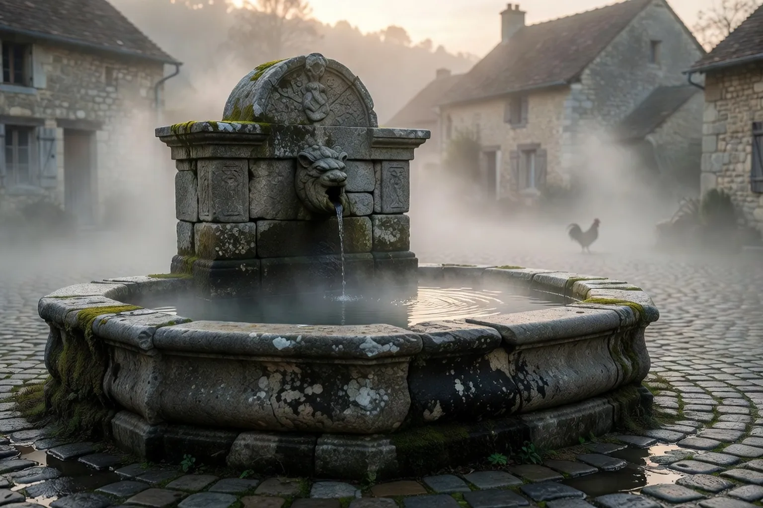 Vieille fontaine de village en pierre entourée de brume en Brie