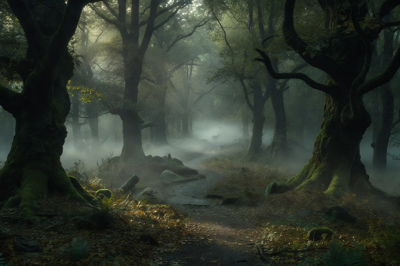 Forêt briarde dense avec sentier et atmosphère mystérieuse