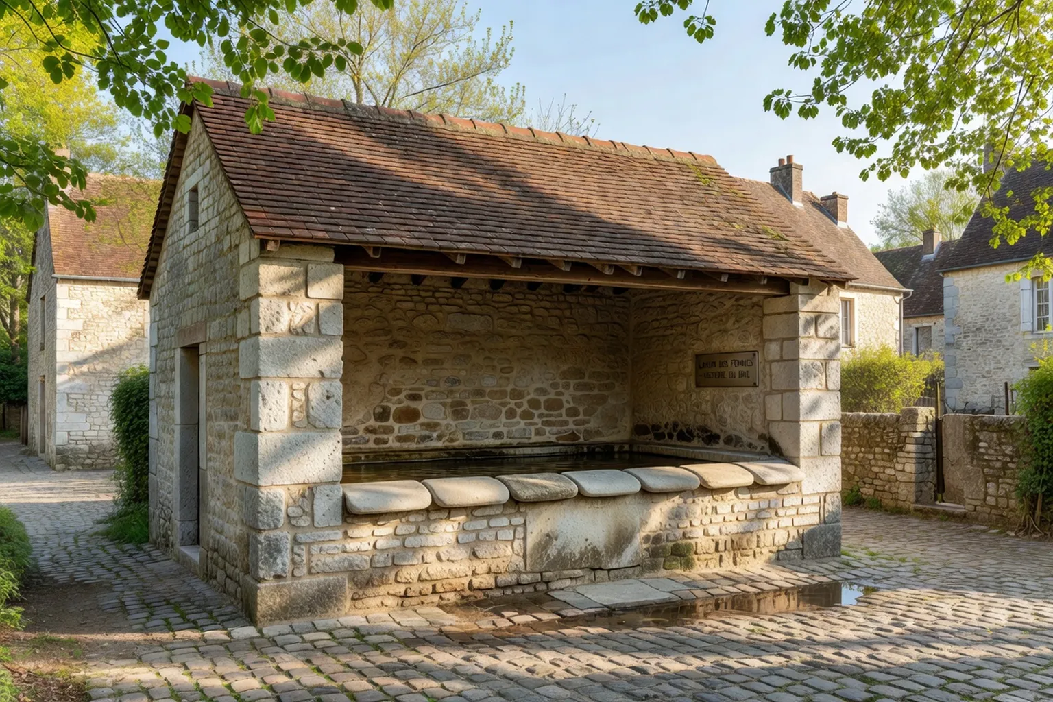 Lavoir en pierre d'un village briard traditionnel