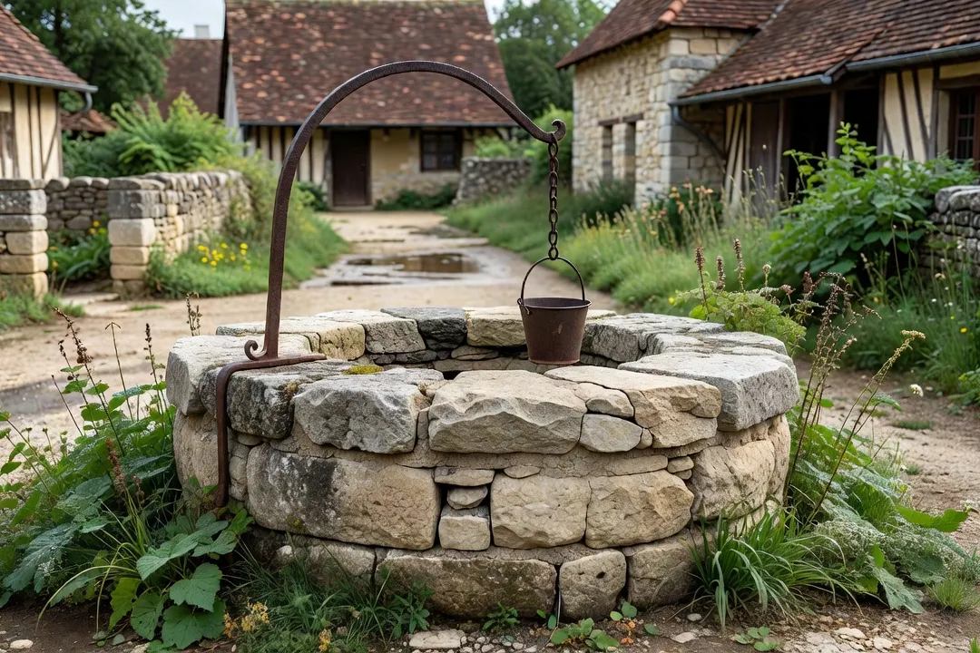 Margelle de puits en pierre calcaire dans une cour de ferme briarde