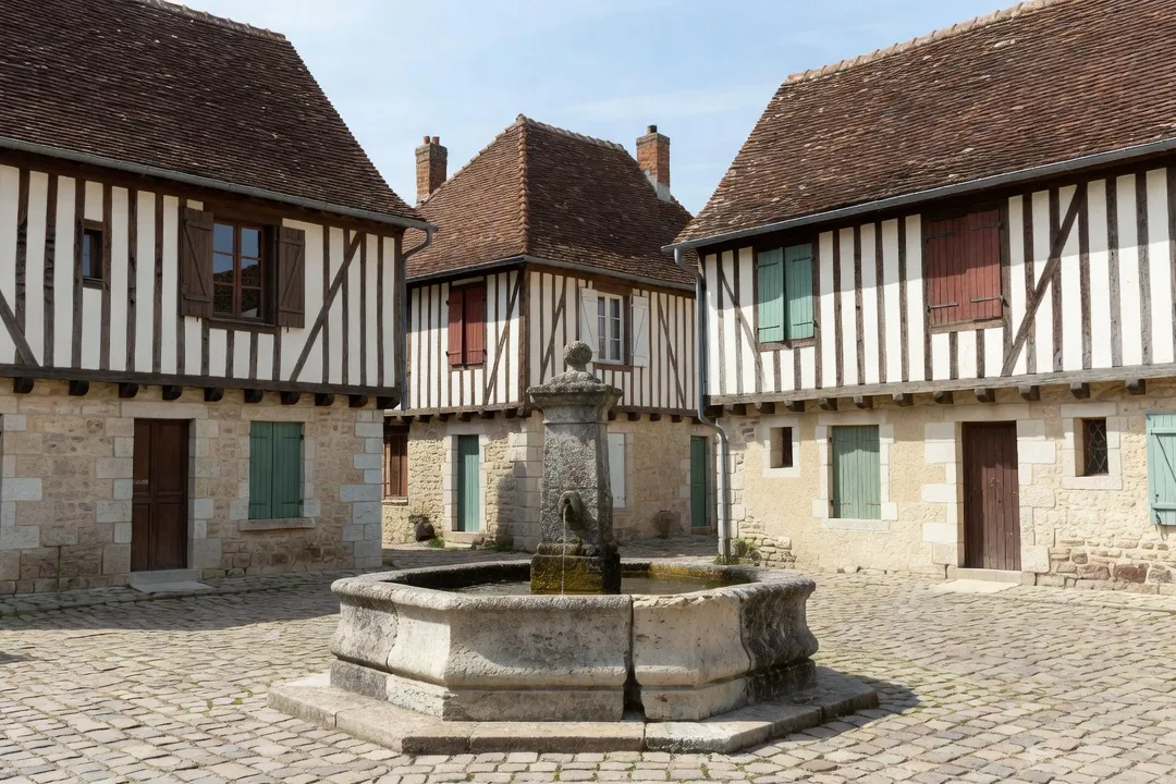 Place de village briarde avec fontaine et petit patrimoine restauré