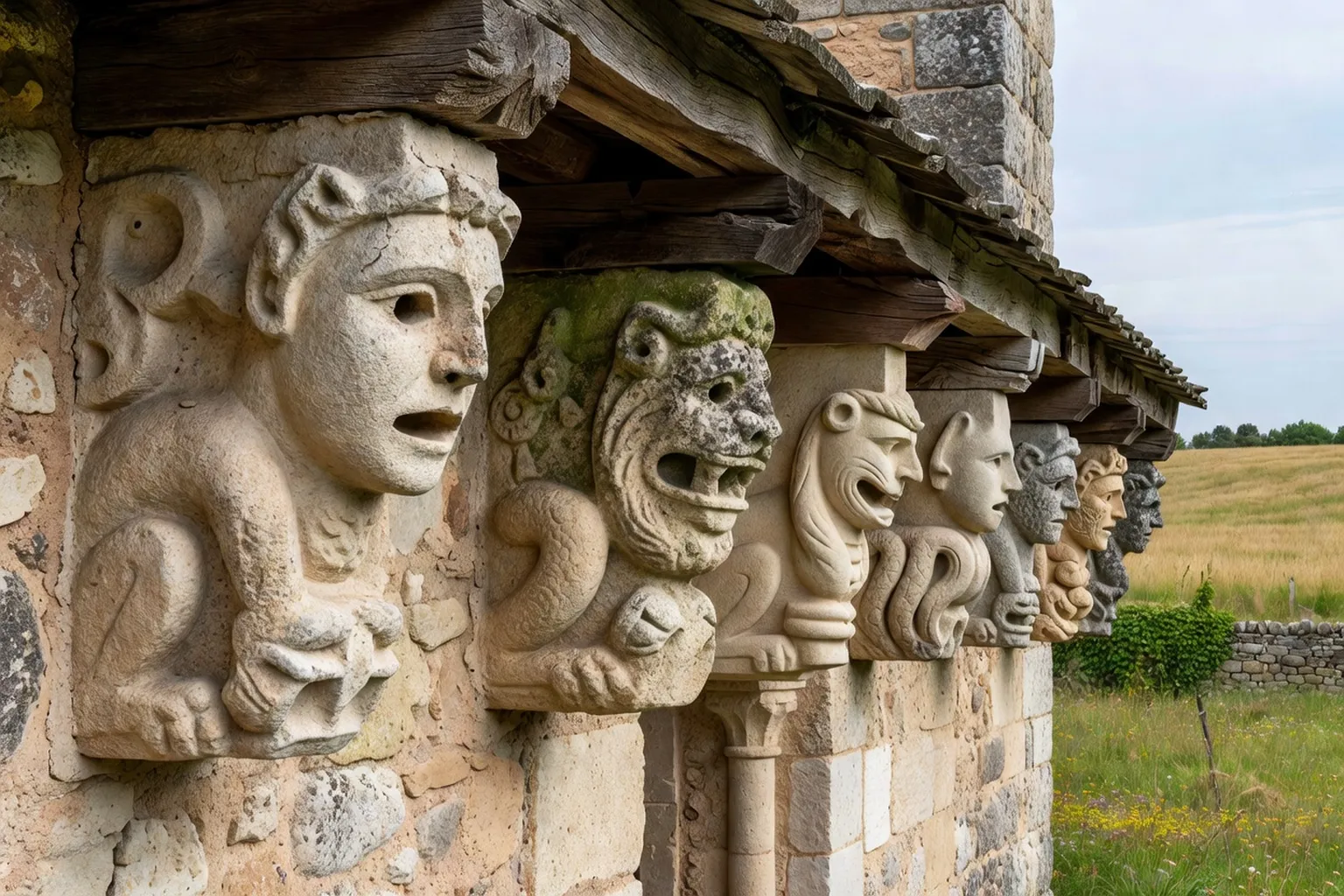 Modillons sculptés sur la corniche d'une église romane briarde