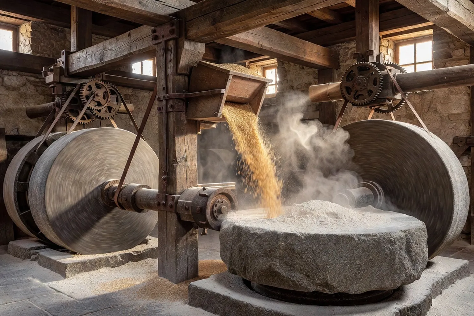 Intérieur d'un moulin traditionnel briard avec meules de pierre