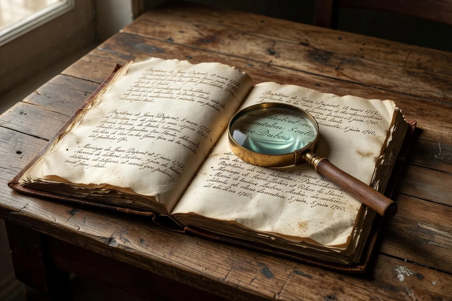 Registre paroissial du XVIIIe siècle ouvert sur une page de baptêmes